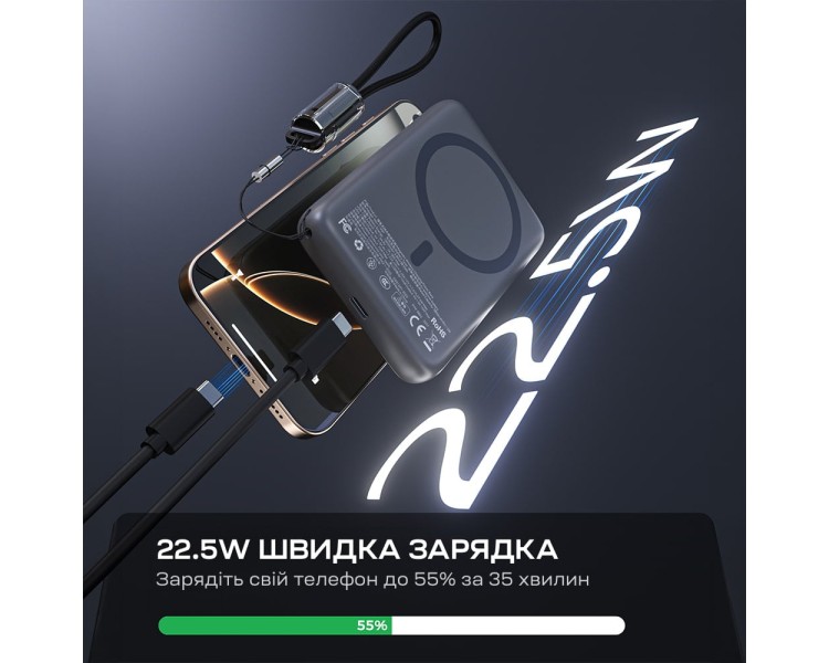 Повербанк 10000mAh Choetech B862 Grey 22.5W QC3.0 PD3.0 бездротова магнітна зарядка MagSafe