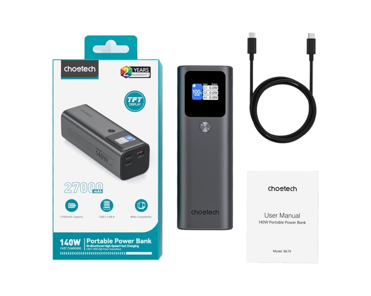 Повербанк 27000mAh Choetech B670 Grey 140W QC3.0 PD3.1 TFT Smart дисплей