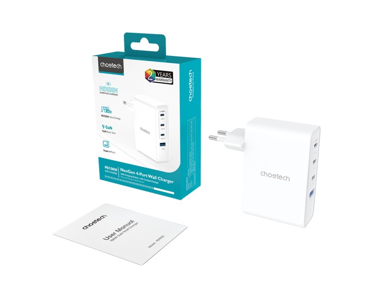 Мережевий зарядний пристрій Choetech PD9002 PD100W GAN USB-A+3xUSB-C White
