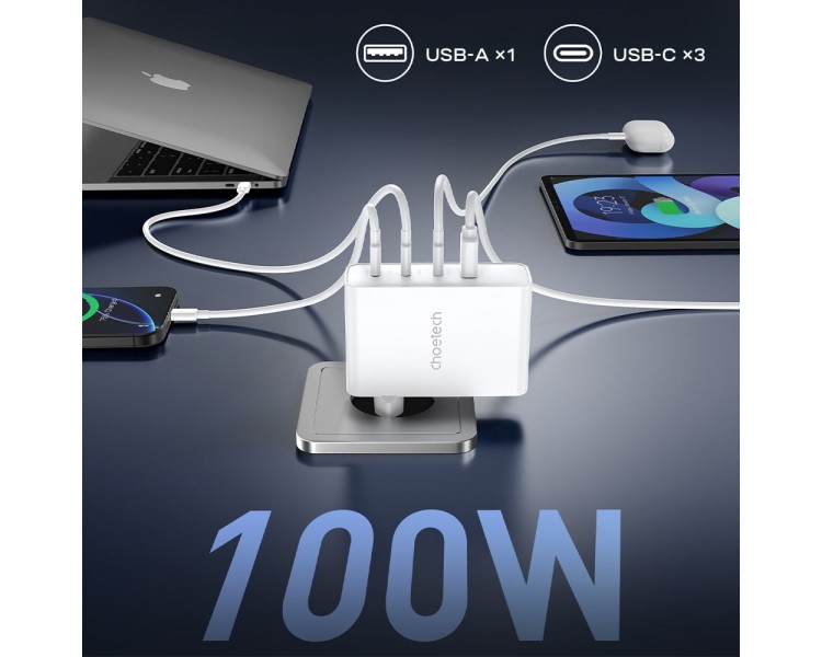 Мережевий зарядний пристрій Choetech PD9002 PD100W GAN USB-A+3xUSB-C White
