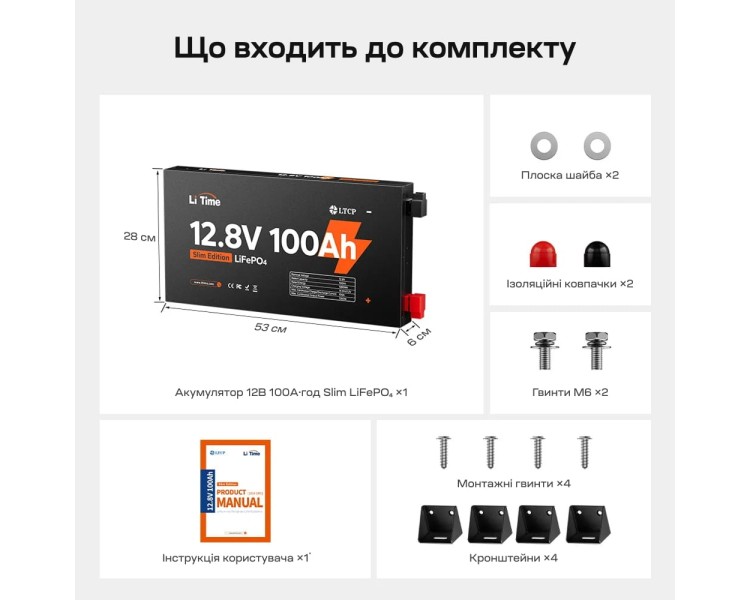 Акумуляторна батарея літій-залізо-фосфатна 12.8В 100А*год LiFePO4 LiTime Slim 12V100-100-SLIM-LTCP-4-SE100 ультратонка