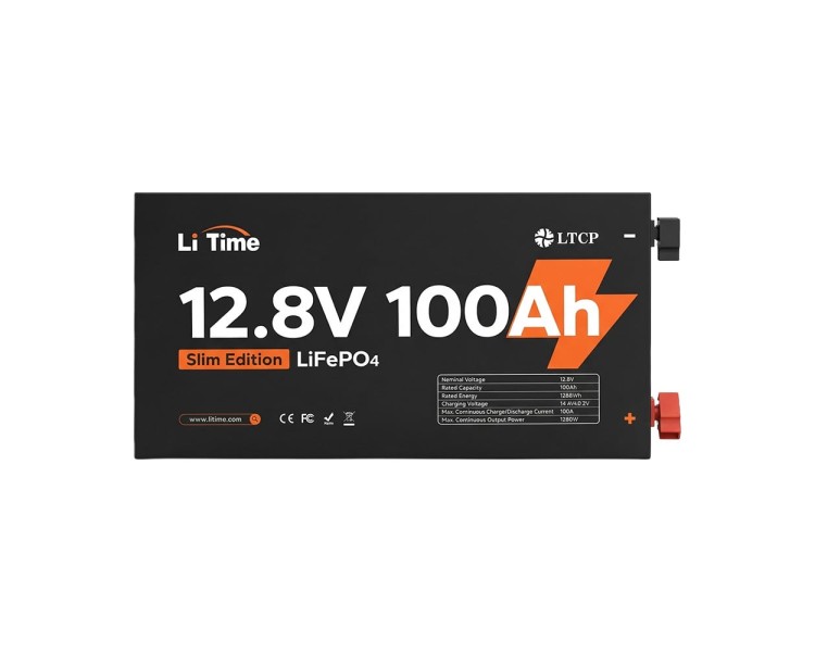 Акумуляторна батарея літій-залізо-фосфатна 12.8В 100А*год LiFePO4 LiTime Slim 12V100-100-SLIM-LTCP-4-SE100 ультратонка