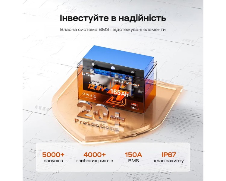 Акумуляторна батарея літій-залізо-фосфатна з Bluetooth та підігрівом стартерна / тягова 12.8В 165А*год LiFePO4 LiTime Dual Purpose L12V165-150-DP-BT-CCA1K2-4-A100