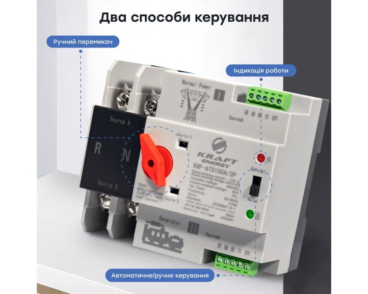 Автоматичний перемикач (АВР) під DIN-рейку Kraft KRF-ATS100A/2p 2 полюси