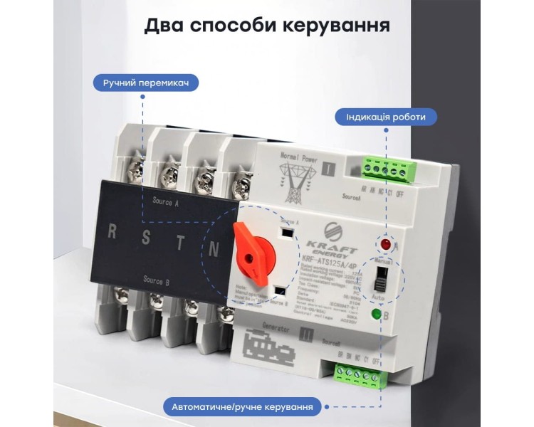 Автоматичний перемикач (АВР) під DIN-рейку Kraft KRF-ATS125A/4p 4 полюси