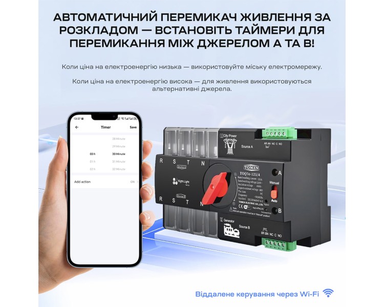 Автоматичний перемикач (АВР) під DIN-рейку з Wi-Fi TOMZN TOQ7e-125/4P 125A 4 полюси