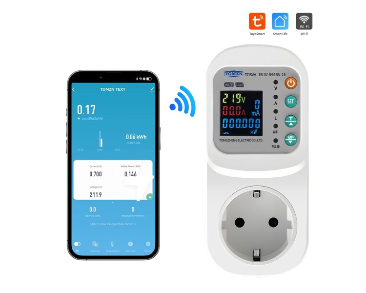 Розумна розетка з реле контролю напруги та струму з Wi-Fi (Tuya) TOMZN TOSVA-16LW EU 16A, моніторинг енергоспоживання, захист від витоку струму