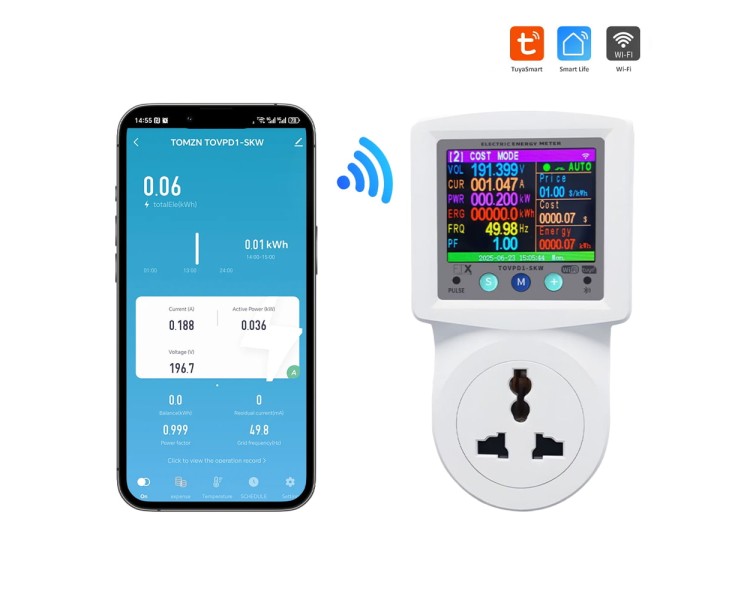 Розумна розетка з реле контролю напруги, струму, потужності з Wi-Fi (Tuya) TOMZN TOVPD1-SKW Universal+EU 16A, моніторинг енергоспоживання