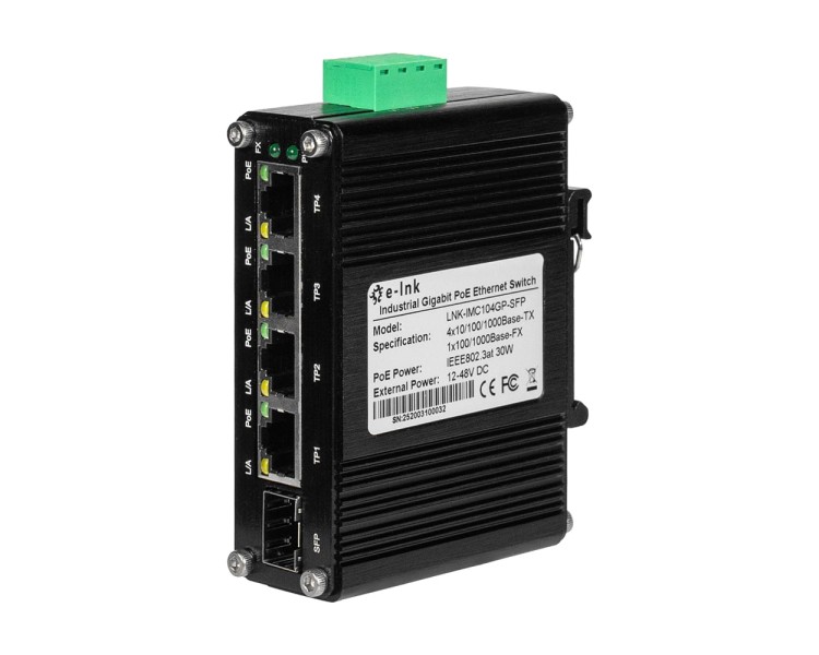PoE-комутатор 5-портовий E-LINK LNK-IMC104GP-SFP IN 12-48V