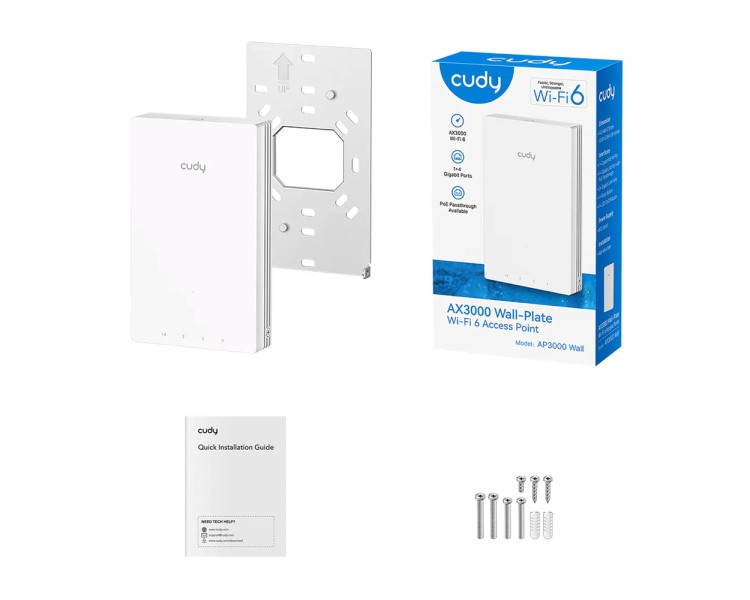 Точка доступу настінна WiFi 6 Cudy AP3000 Wall з підтримкою Mesh дводіапазонна гігабітна AX3000