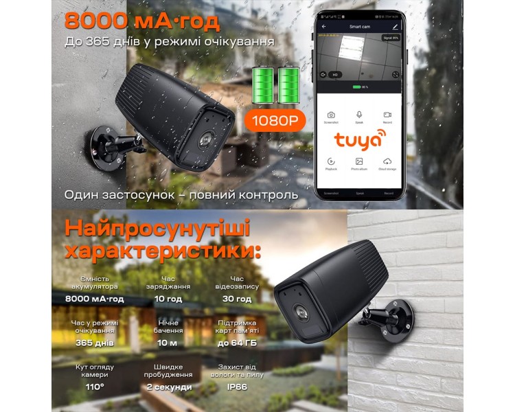 Автономна WiFi IP-відеокамера 2Mp Light Vision VLC-04IB Black з підтримкою Tuya, f=3.6mm, на акумуляторних батареях