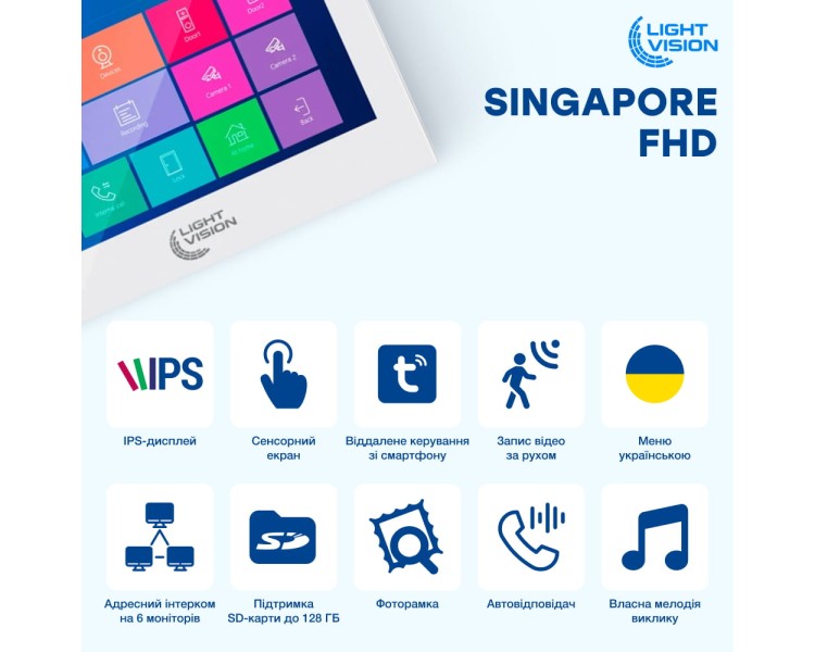 Відеодомофон 10" WiFi Tuya Light Vision SINGAPORE (AI) FHD White