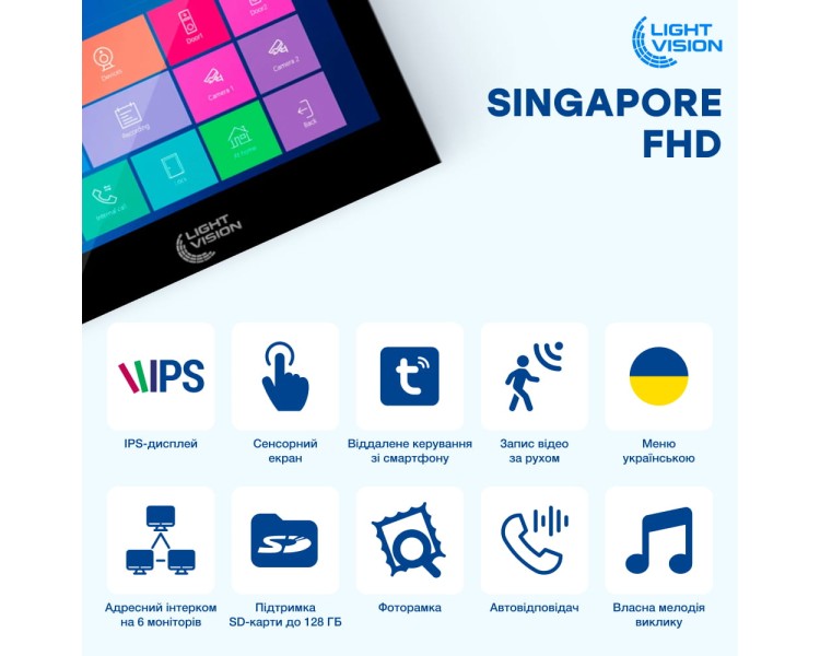 Відеодомофон 7" WiFi Tuya Light Vision SINGAPORE (AI) FHD Black