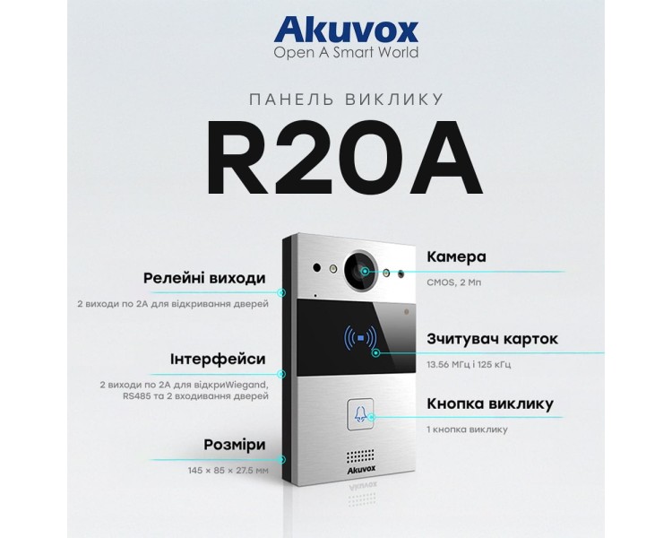 IP-відеопанель 2Mp Akuvox R20A SIP зі зчитувачем EM-Marine / Mifare / NFC