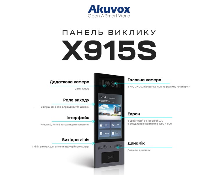 IP-відеопанель багатоабонентська 5Mp Akuvox X915S з екраном 8", розпізнаванням облич та зчитувачем EM-Marine / Mifare / NFC / BLE / QR