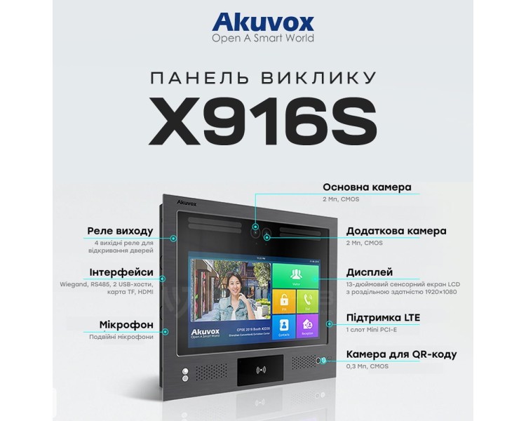 IP-відеопанель багатоабонентська 2Mp Akuvox X916S з екраном 13", розпізнаванням облич та зчитувачем EM-Marine / Mifare / NFC / BLE / QR