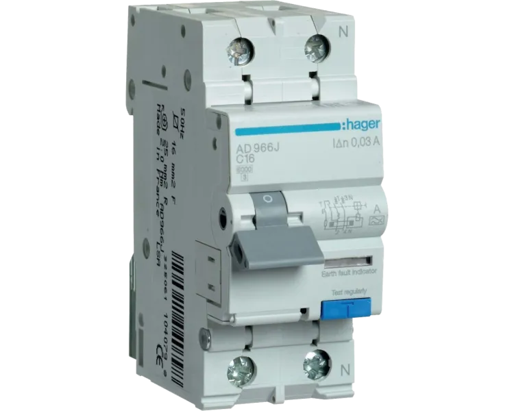Hager 1+N С16/30mA 6кА, тип-A AD966J Дифавтомат