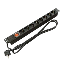 Kingda Блок 19" на 8 роз. нім. станд., 16А, 1U, з вимикачем, шнур 1.8м