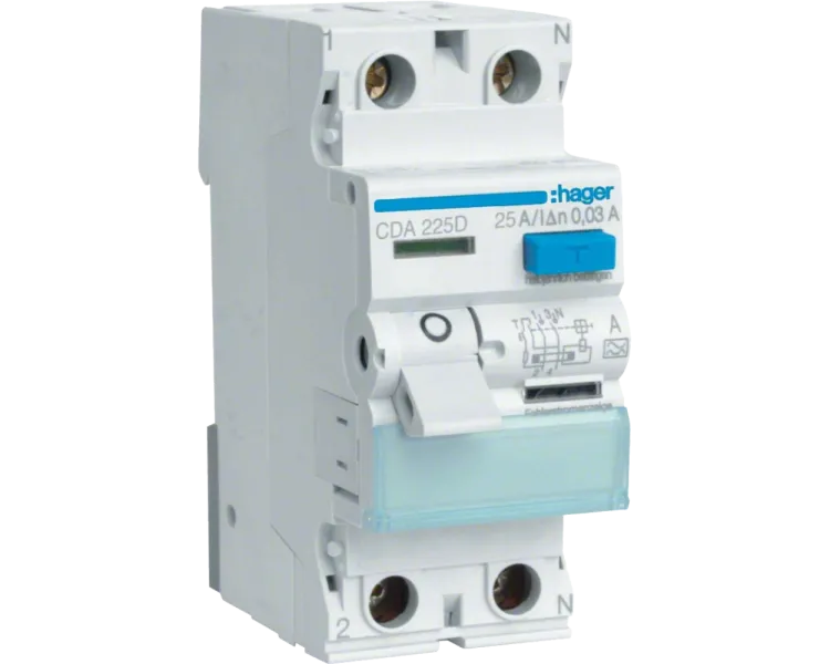 Hager CDA225D Диференціальне реле 2P, 6kA, 25A, 30mA, A