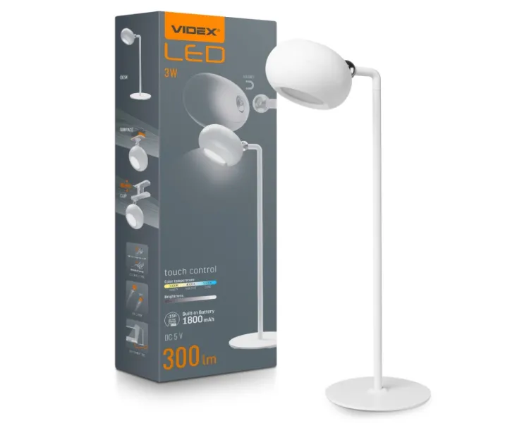 VIDEX VLE-TF18W 3W 3000-5500K 220V LED лампа настiльна з акумулятором