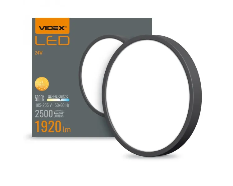 VIDEX 24W 5000K 220V LED світильник накладний круглий Black