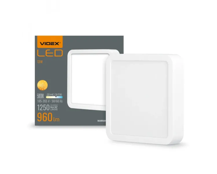 VIDEX 12W 5000K 220V LED світильник накладний квадрат