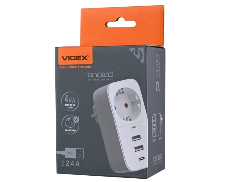 VIDEX ONCORD 1п 2.4A 2USB+USB-C Сетевой адаптер Type-C с заземлением