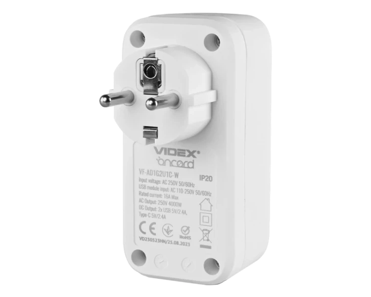 VIDEX ONCORD 1п 2.4A 2USB+USB-C Сетевой адаптер Type-C с заземлением