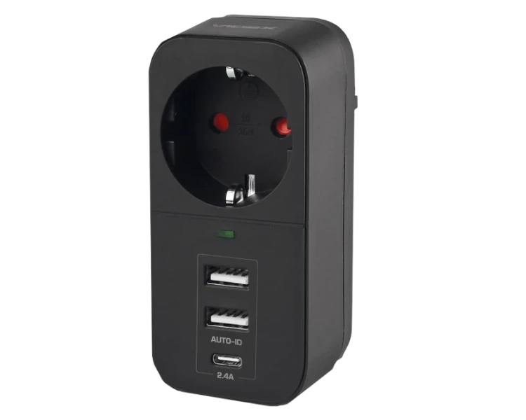 VIDEX ONCORD с/с 1п 2.4A 2USB+USB-C Black Сетевой адаптер с заземлением