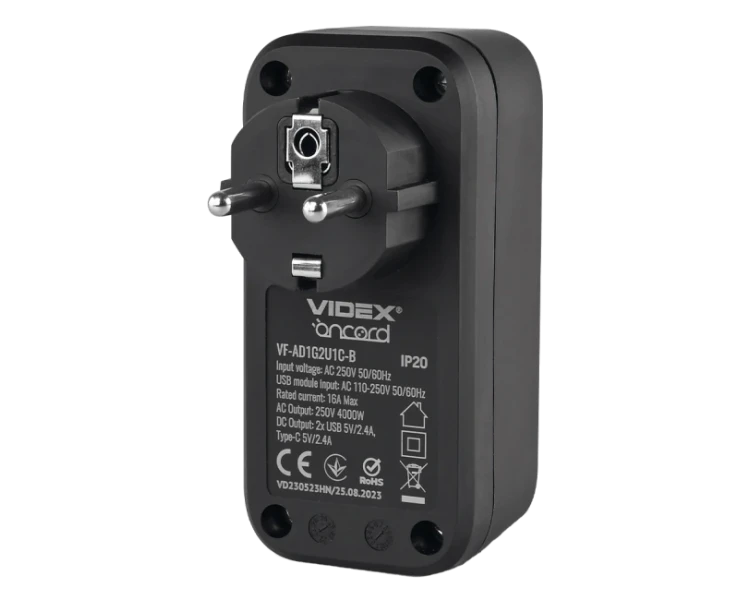 VIDEX ONCORD с/с 1п 2.4A 2USB+USB-C Black Сетевой адаптер с заземлением