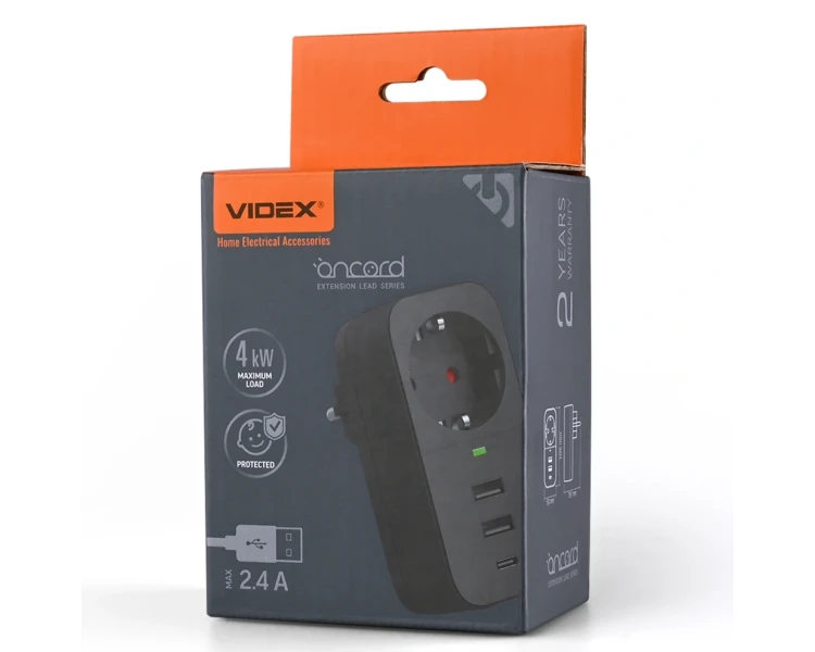 VIDEX ONCORD с/с 1п 2.4A 2USB+USB-C Black Сетевой адаптер с заземлением