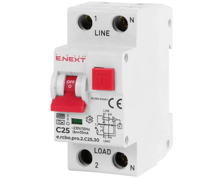 Enext e.rcbo.pro.2.C25.30, 1P+N, 25А, С, тип А, 30 Вимикач диференціального струму із захистом від надструмів