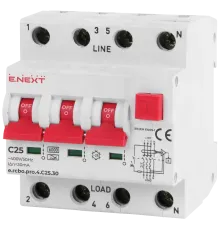 Enext e.rcbo.pro.4.C25.30, 3P+N, 25А, С, тип А, 30 Вимикач диференціального струму із захистом від надструмів