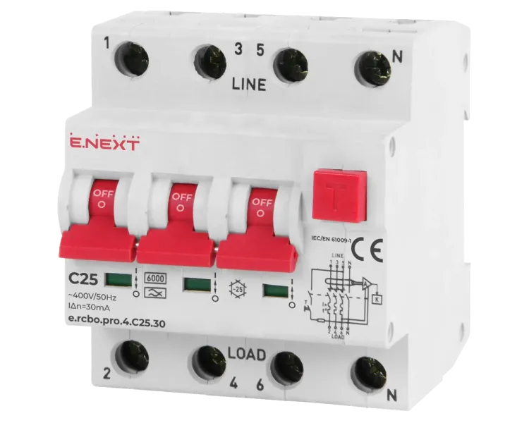 Enext e.rcbo.pro.4.C25.30, 3P+N, 25А, С, тип А, 30 Вимикач диференціального струму із захистом від надструмів