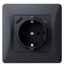 VIDEX BINERA Розетка одинарна із заземленням з USB+USB-C чорний графіт