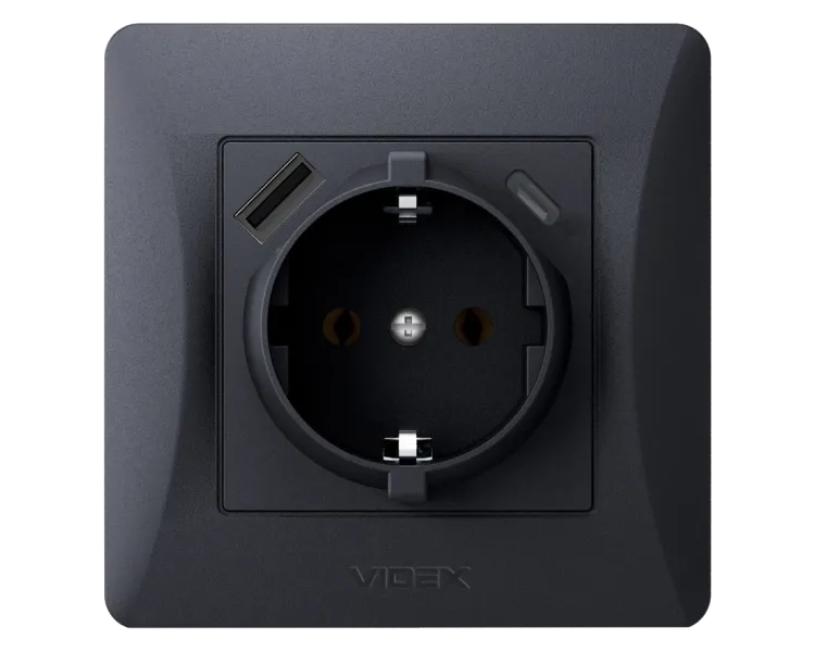 VIDEX BINERA Розетка одинарна із заземленням з USB+USB-C чорний графіт