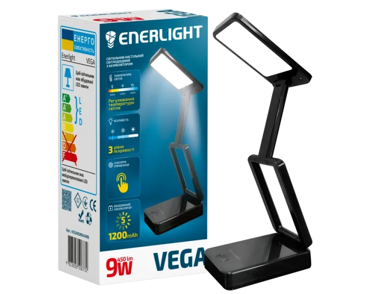 ENERLIGHT VEGA 9Вт 3000-6000K black Світильник настільний світлодіодний з акумулятором