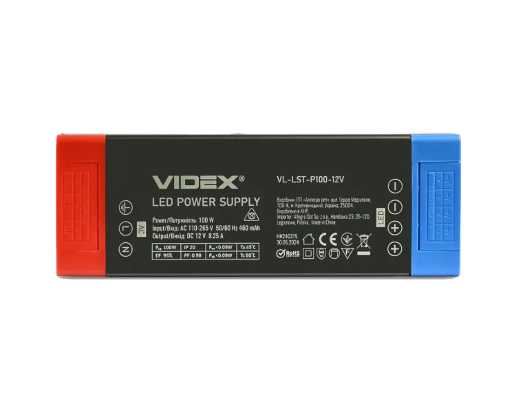 VIDEX (VL-LST-P100-12V) DC12V 8.25A 100W IP20 Блок живлення для LED стрічки