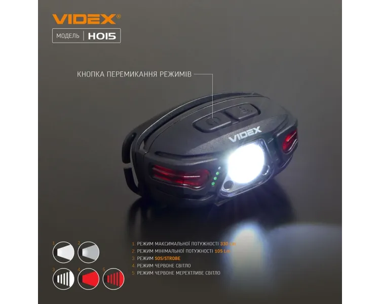VIDEX VLF-H015 330Lm 5000K Налобний світлодіодний ліхтарик