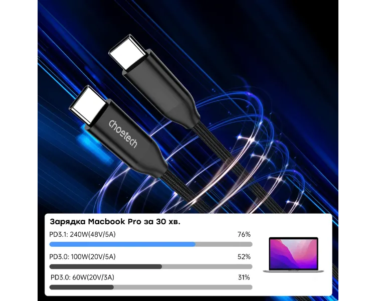 Choetech XCC-1035 1.2м Black USB-C to USB-C PD3.1 Кабель