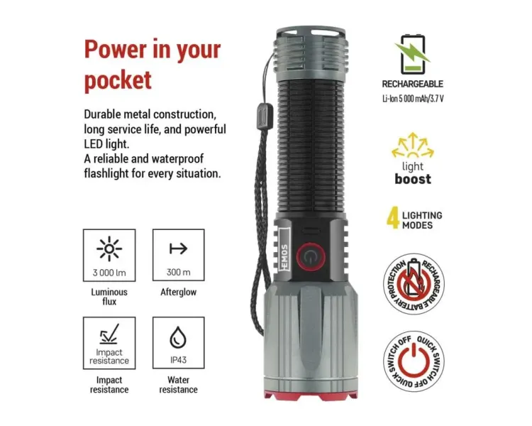 EMOS P3122 3000Lm Li-Ion 5000 мА•г Лiхтар LED