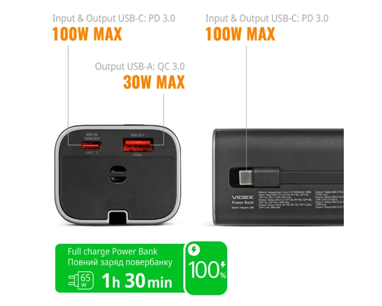 VIDEX VPB-366 PD100Вт 20000мА•г Повербанк