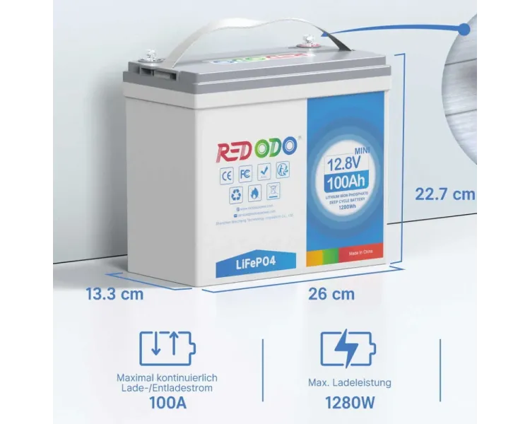 Redodo 12.8V 100Ah Mini 1280Вт•г LiFePO4 Літієва акумуляторна батарея