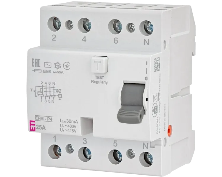 ЕТІ 4р EFI6-P4 25/0,03 тип AC (6kA) Реле диференційне (ПЗВ)