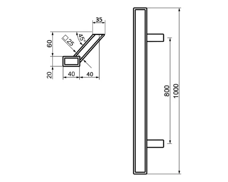 ABARO Sydney 45° L:1000 X:800 W:40*20mm SS 304 Ручки скоби (комплект)