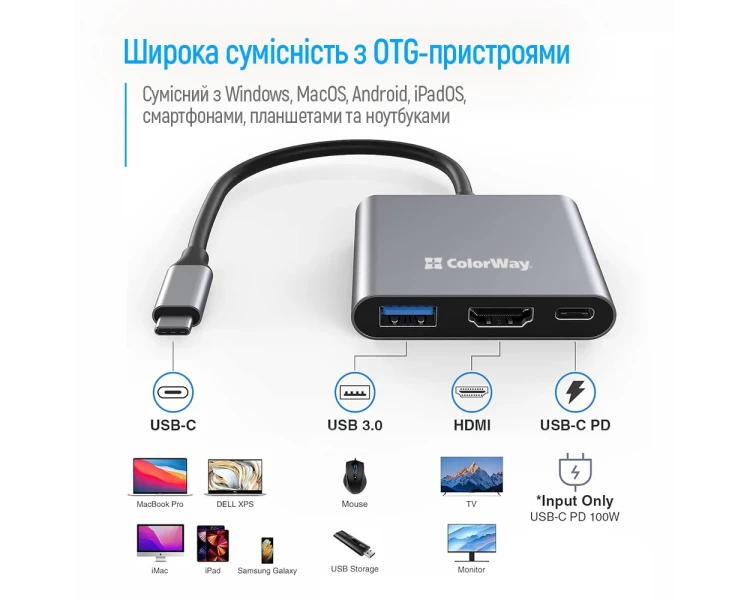 СolorWay CW-HUB08 100W/USB3.0/HDMI 4К USB хаб (док-станція)