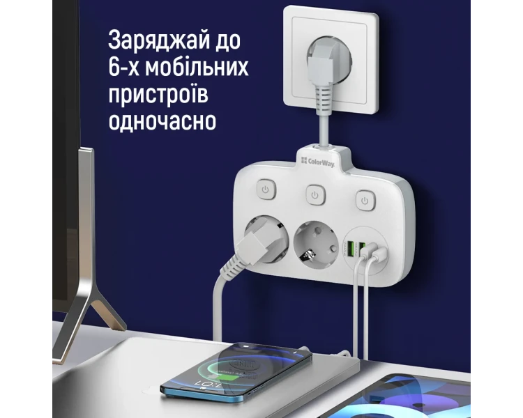 СolorWay CW-CHE24PDW 2x220V/3xUSB-A/1xUSB-C Мережевий фільтр