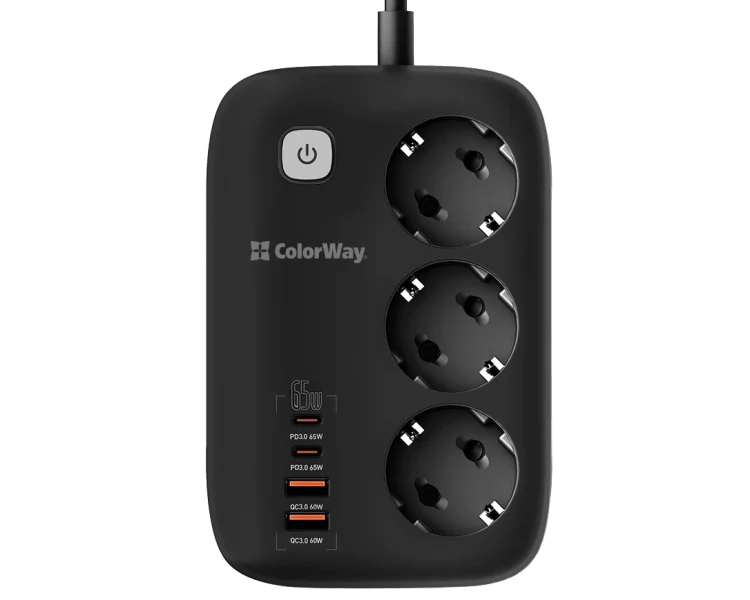 СolorWay CW-CHE34PDB 3 розетки/4USB GaN3 Pro PD Мережевий фільтр