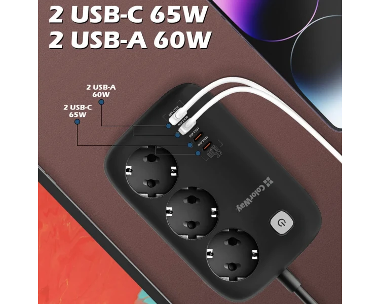 СolorWay CW-CHE34PDB 3 розетки/4USB GaN3 Pro PD Мережевий фільтр