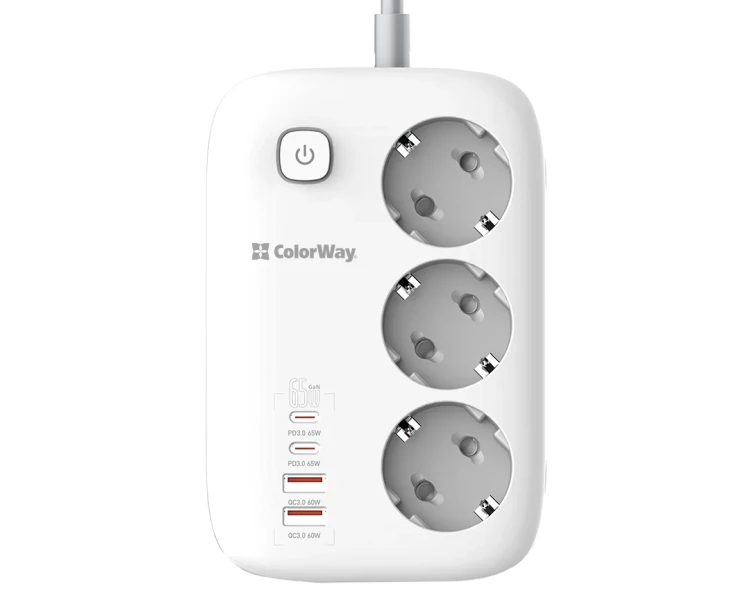 СolorWay CW-CHE34PDW 3 розетки/4USB GaN3 Pro PD Мережевий фільтр